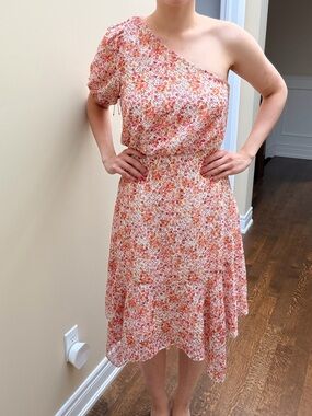 LAUNDRY BY SHELLI SEGAL Floral One Shoulder Midi Coral Dress Size 6 BRAND NEW